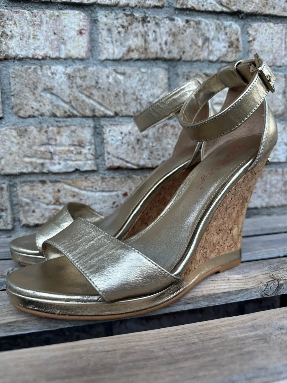 Lilly Pulitzer Metallic Gold Cork Wedge Sandals with Ankle Strap